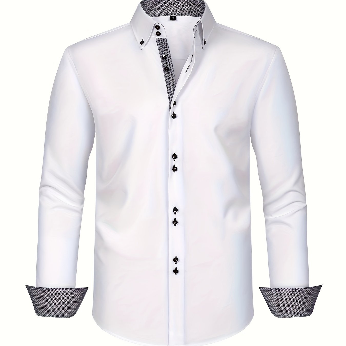 Men's Long Sleeve Button-Front Shirt - Button-Down Collar, Contrast Trim - Casual or Business Wear, Versatile Style