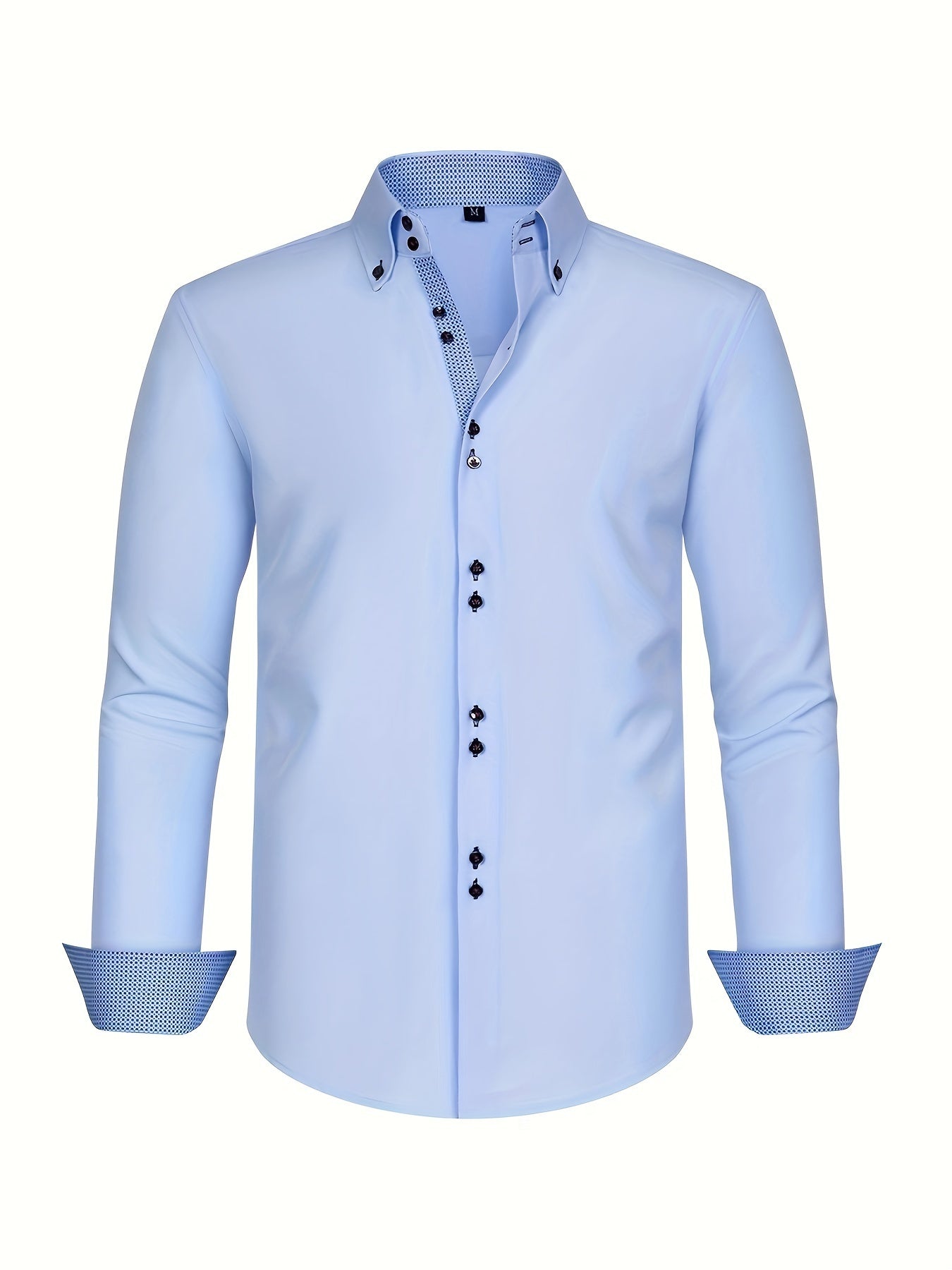 Men's Long Sleeve Button-Front Shirt - Button-Down Collar, Contrast Trim - Casual or Business Wear, Versatile Style