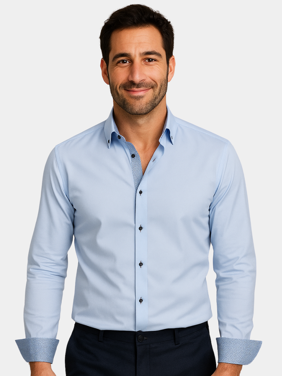 Men's Long Sleeve Button-Front Shirt - Button-Down Collar, Contrast Trim - Casual or Business Wear, Versatile Style