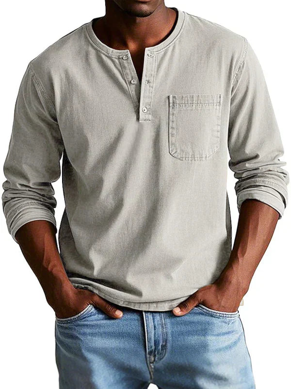 Men's Long Sleeve Henley Shirt with Button Placket and Chest Pocket - Casual Cotton Top for Everyday Wear