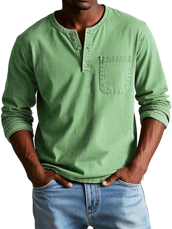 Men's Long Sleeve Henley Shirt with Button Placket and Chest Pocket - Casual Cotton Top for Everyday Wear