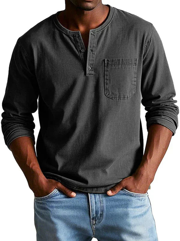 Men's Long Sleeve Henley Shirt with Button Placket and Chest Pocket - Casual Cotton Top for Everyday Wear