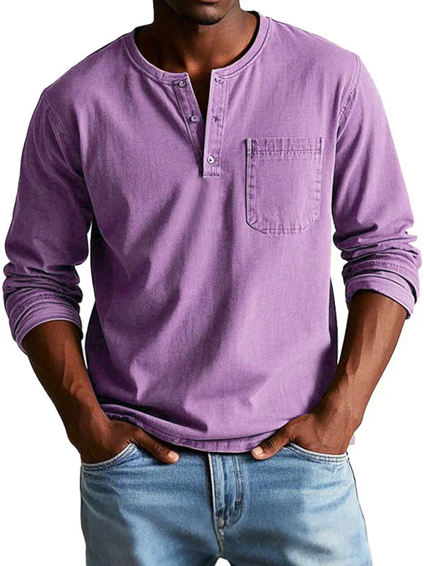 Men's Long Sleeve Henley Shirt with Button Placket and Chest Pocket - Casual Cotton Top for Everyday Wear