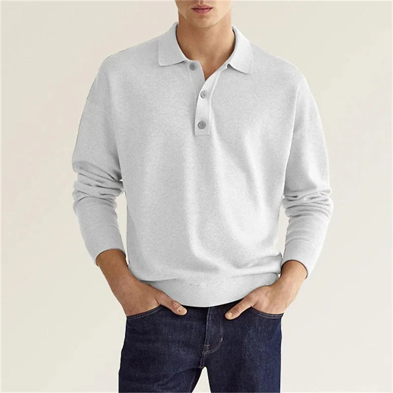 Men's Long Sleeve Polo Shirt - Cotton Blend, Fold-Down Collar, Ribbed Cuffs - Casual Wear for Everyday Comfort