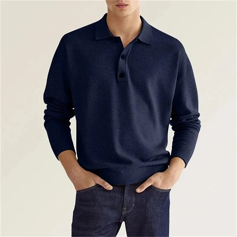 Men's Long Sleeve Polo Shirt - Cotton Blend, Fold-Down Collar, Ribbed Cuffs - Casual Wear for Everyday Comfort