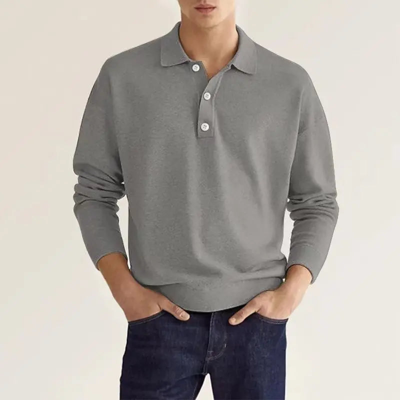 Men's Long Sleeve Polo Shirt - Cotton Blend, Fold-Down Collar, Ribbed Cuffs - Casual Wear for Everyday Comfort