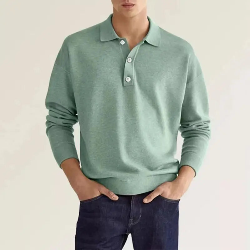 Men's Long Sleeve Polo Shirt - Cotton Blend, Fold-Down Collar, Ribbed Cuffs - Casual Wear for Everyday Comfort