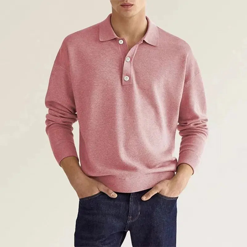 Men's Long Sleeve Polo Shirt - Cotton Blend, Fold-Down Collar, Ribbed Cuffs - Casual Wear for Everyday Comfort