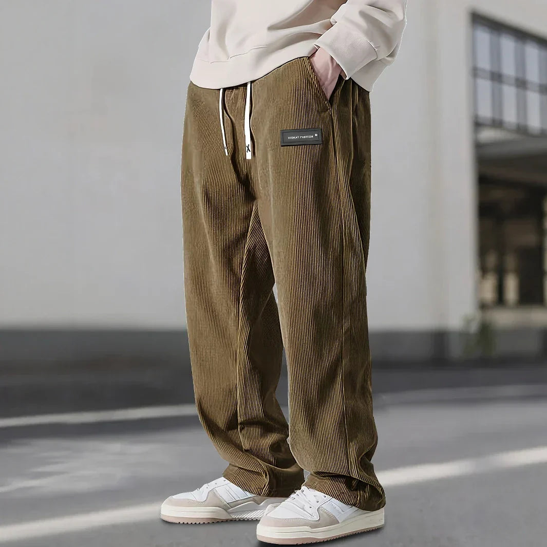 Men's Ribbed Drawstring Waist Straight-Leg Pants for Casual Wear - Comfortable Everyday Trousers