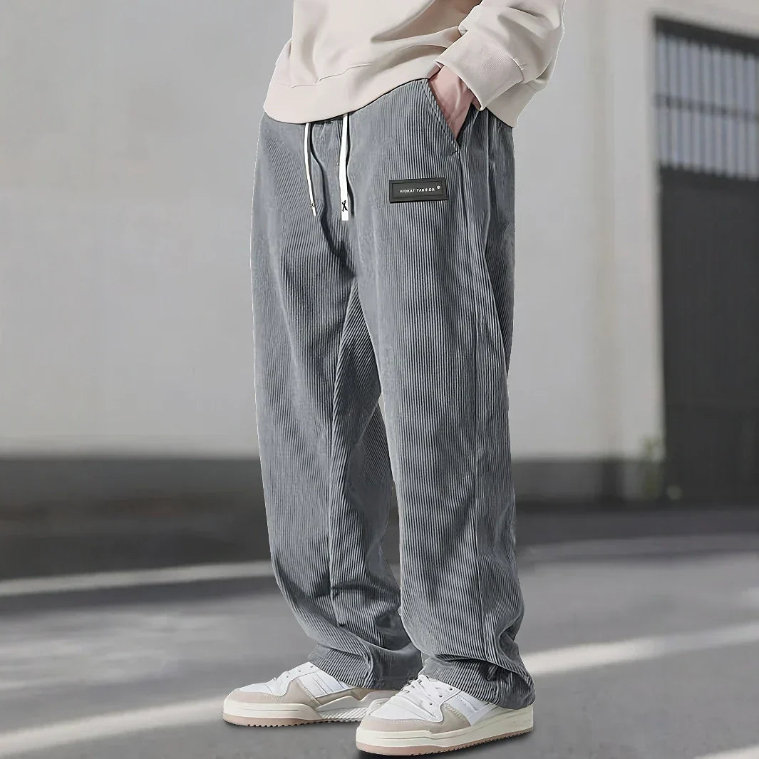 Men's Ribbed Drawstring Waist Straight-Leg Pants for Casual Wear - Comfortable Everyday Trousers