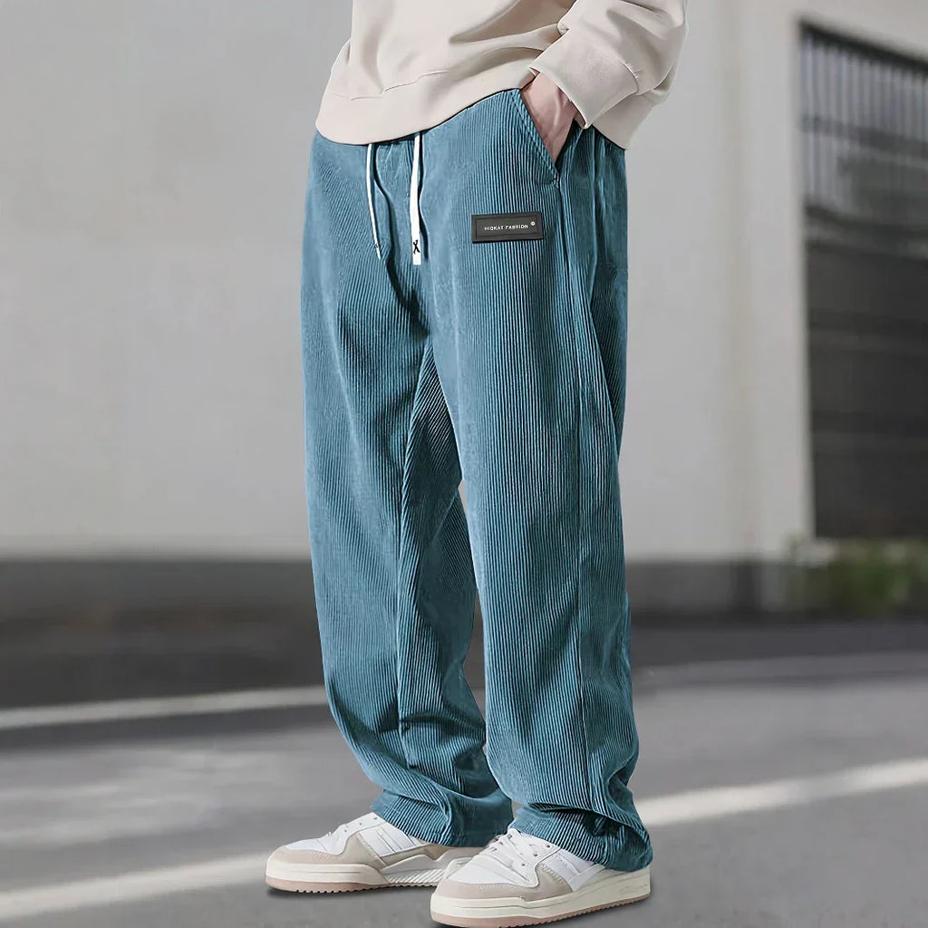 Men's Ribbed Drawstring Waist Straight-Leg Pants for Casual Wear - Comfortable Everyday Trousers