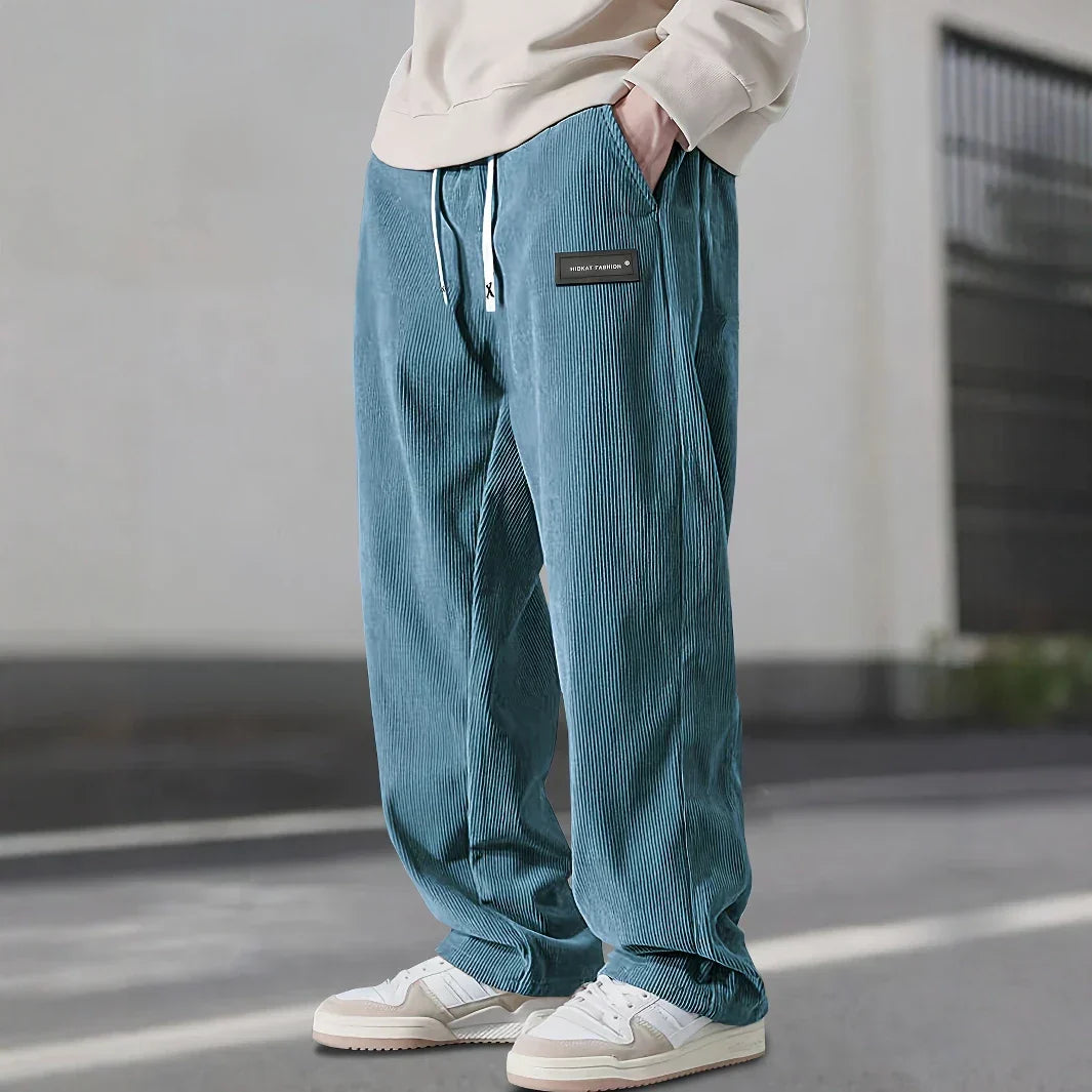 Men's Ribbed Drawstring Waist Straight-Leg Pants for Casual Wear - Comfortable Everyday Trousers