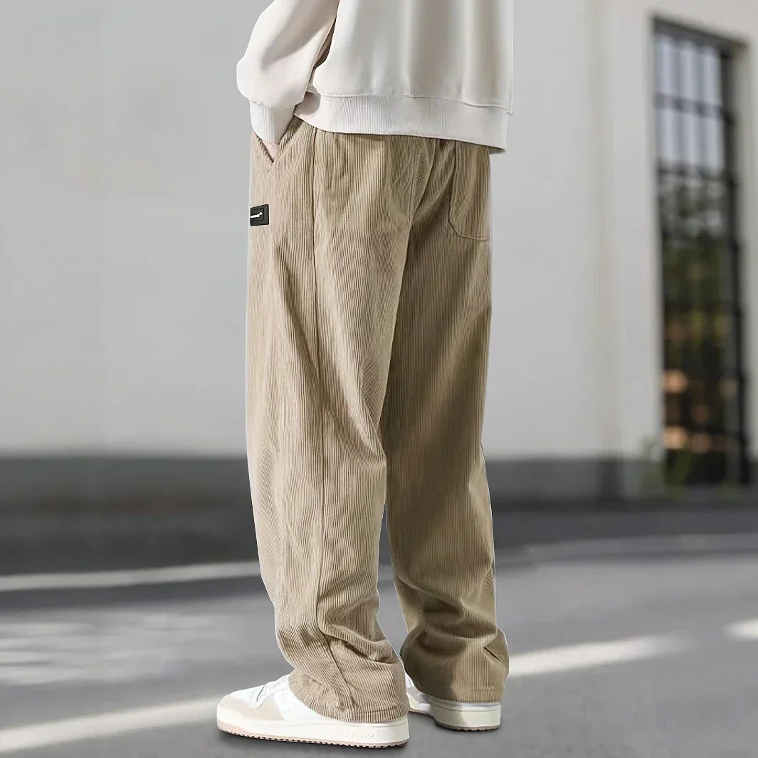 Men's Ribbed Drawstring Waist Straight-Leg Pants for Casual Wear - Comfortable Everyday Trousers