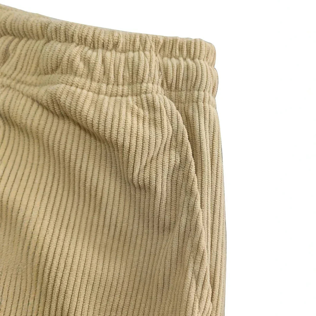 Men's Ribbed Drawstring Waist Straight-Leg Pants for Casual Wear - Comfortable Everyday Trousers