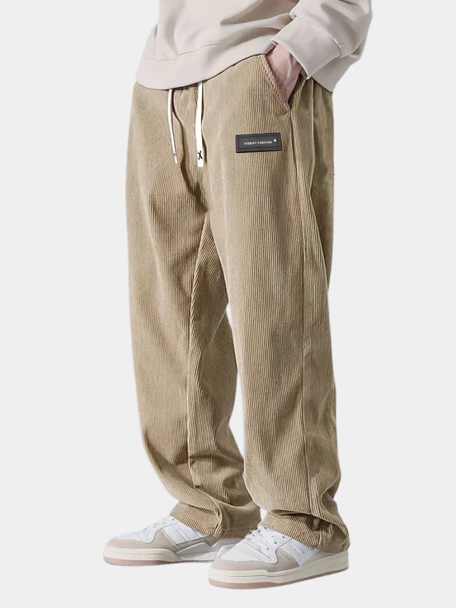 Men's Ribbed Drawstring Waist Straight-Leg Pants for Casual Wear - Comfortable Everyday Trousers