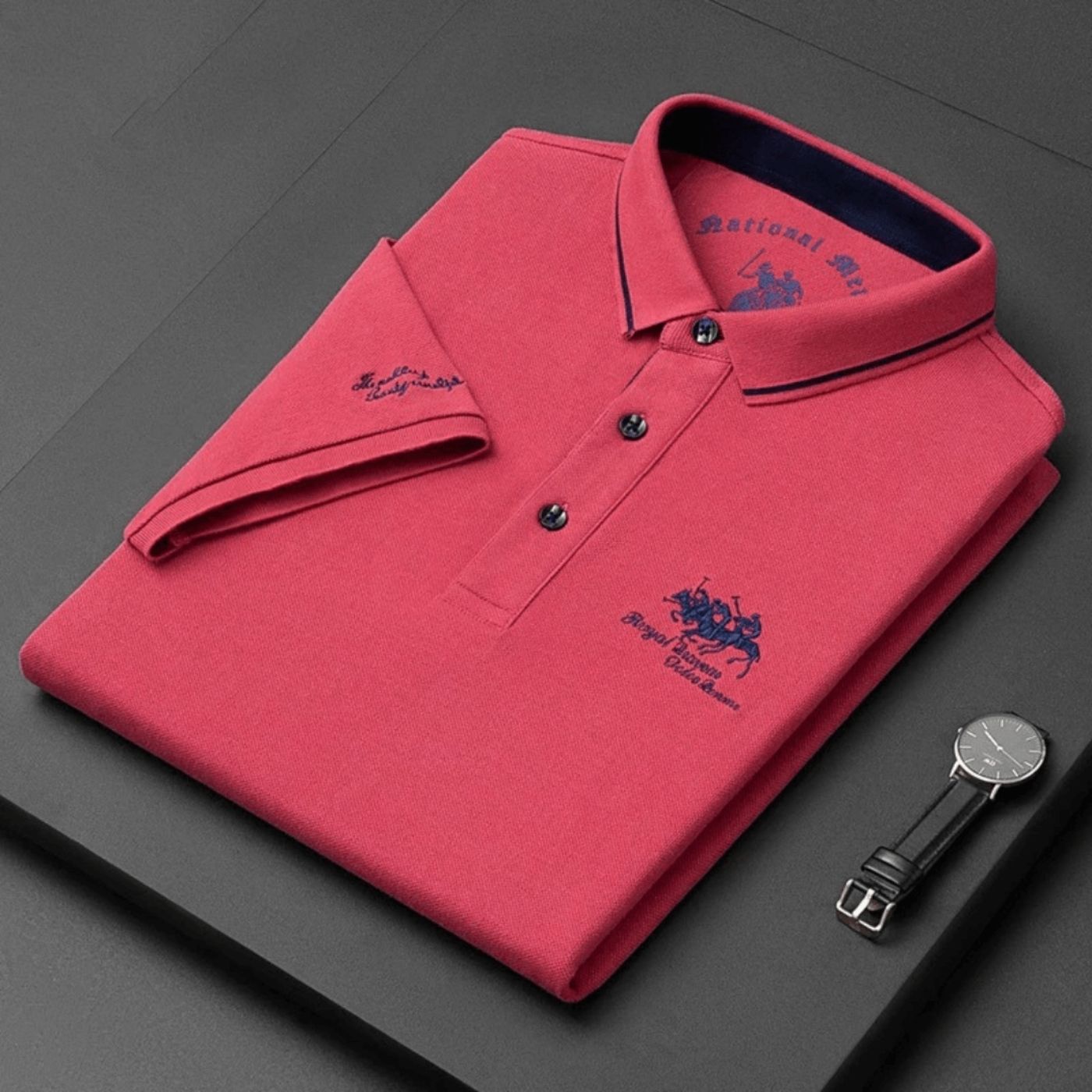 Men's Short Sleeve Polo Shirt - Contrast Tipped Collar, Embroidered Chest Design - Casual Wear for Everyday Style