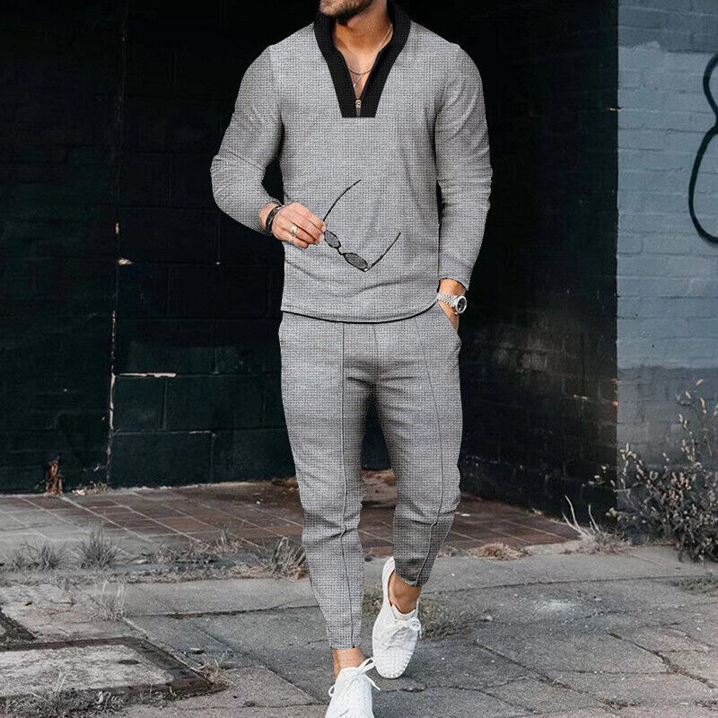 Men's Textured Long Sleeve Quarter-Zip Top and Tapered Pants Set for Casual Wear and Outdoor Activities