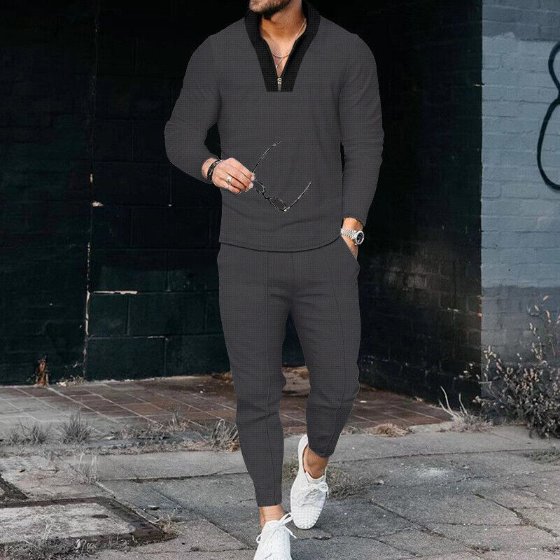 Men's Textured Long Sleeve Quarter-Zip Top and Tapered Pants Set for Casual Wear and Outdoor Activities