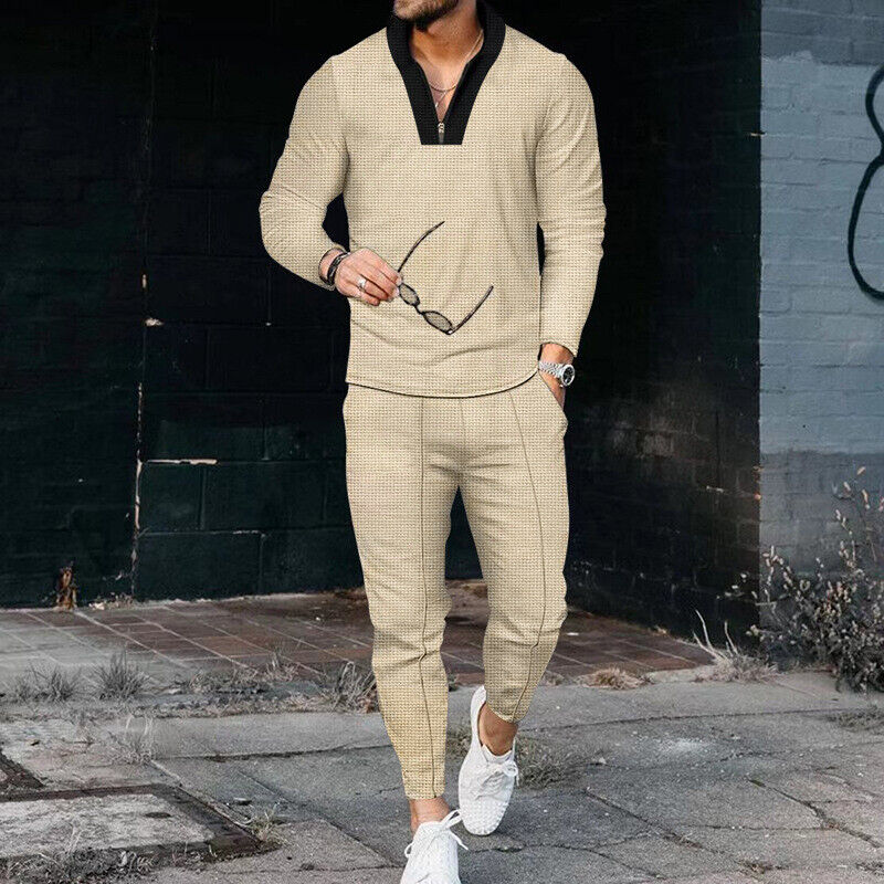 Men's Textured Long Sleeve Quarter-Zip Top and Tapered Pants Set for Casual Wear and Outdoor Activities