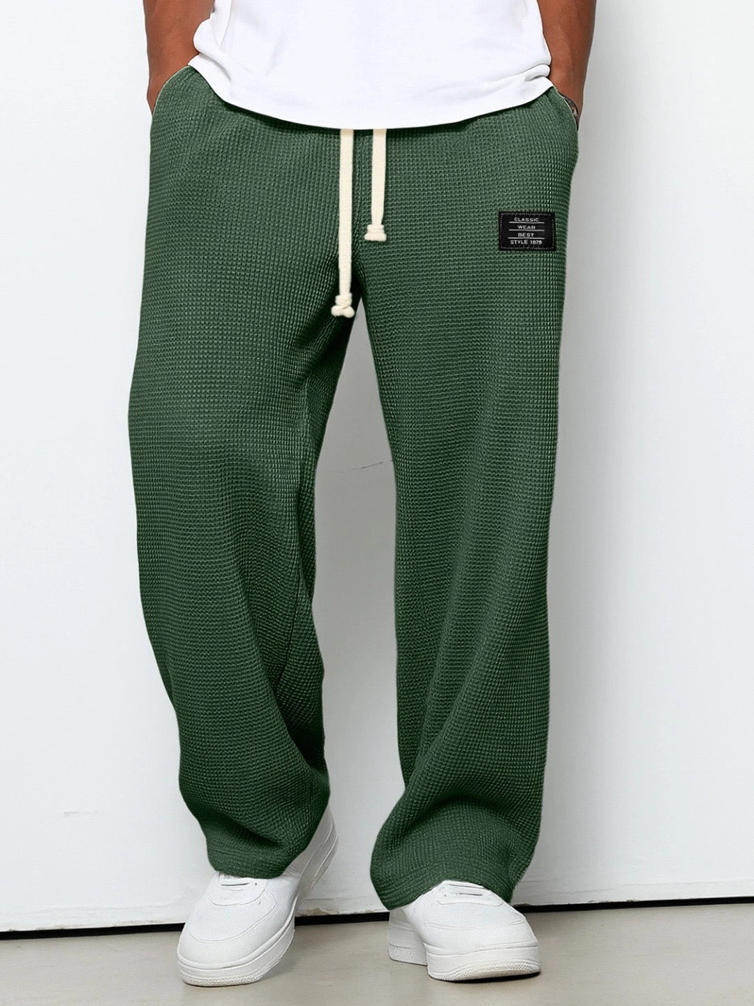 Men's Waffle-Textured Full-Length Pants with Drawstring, Side Pockets, and Wide Legs for Casual Wear