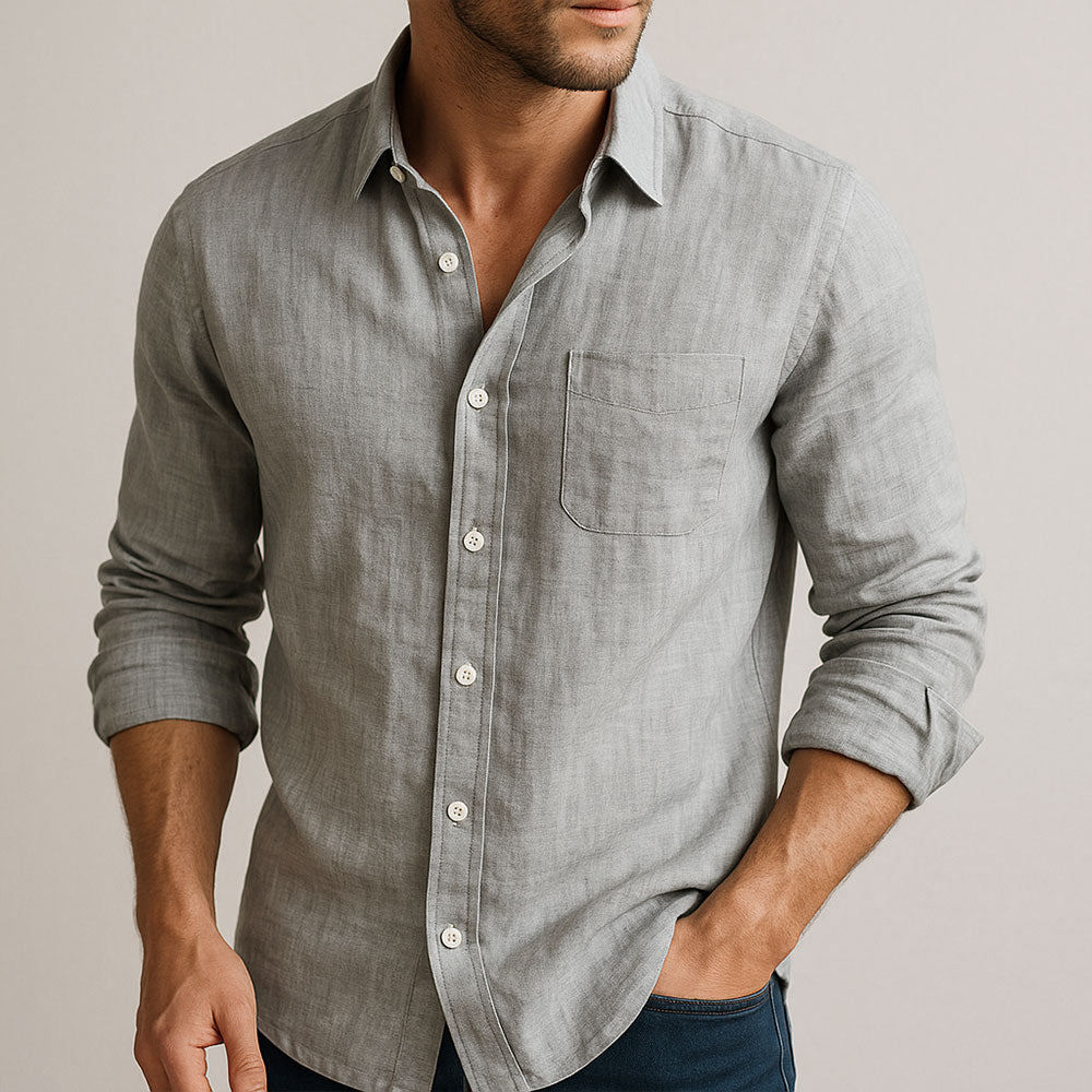 Men's Woven Long Sleeve Button-Up Shirt, Spread Collar, Casual or Formal Wear, Versatile Wardrobe Essential