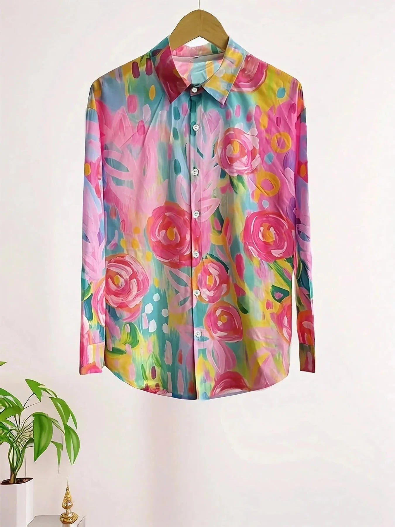 Multicolor Print Button-Front Blouse for Women with Collar and Rolled Sleeves - Casual Fashion Top