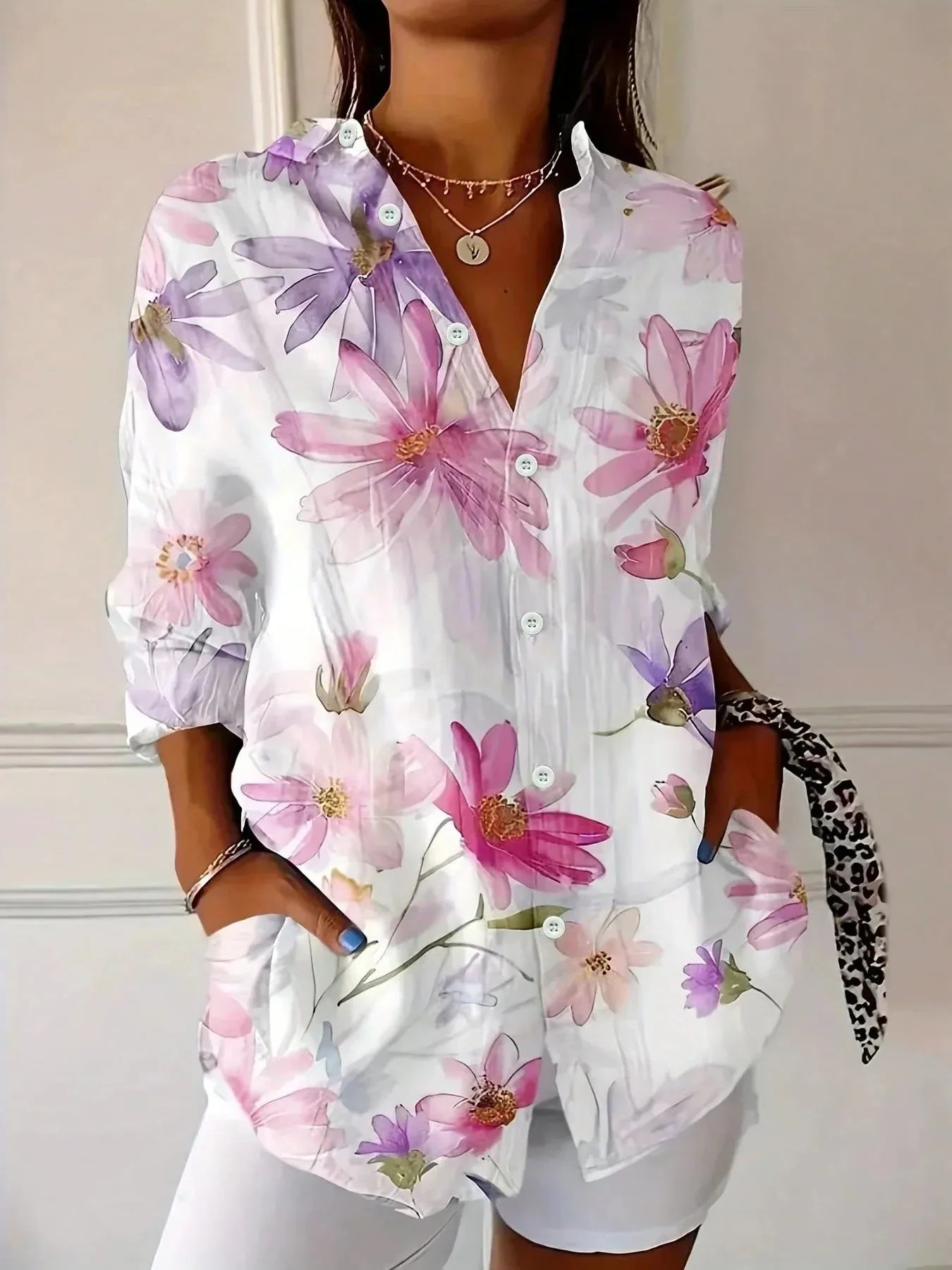 Multicolor Print Button-Front Blouse for Women with Collar and Rolled Sleeves - Casual Fashion Top