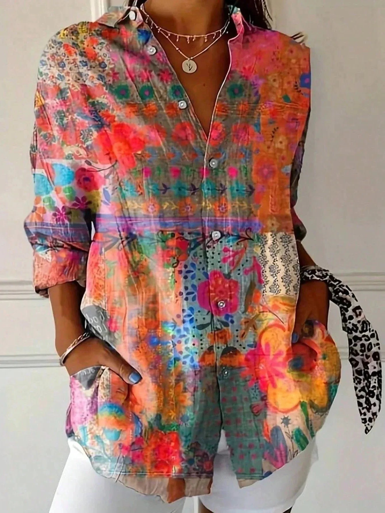Multicolor Print Button-Front Blouse for Women with Collar and Rolled Sleeves - Casual Fashion Top