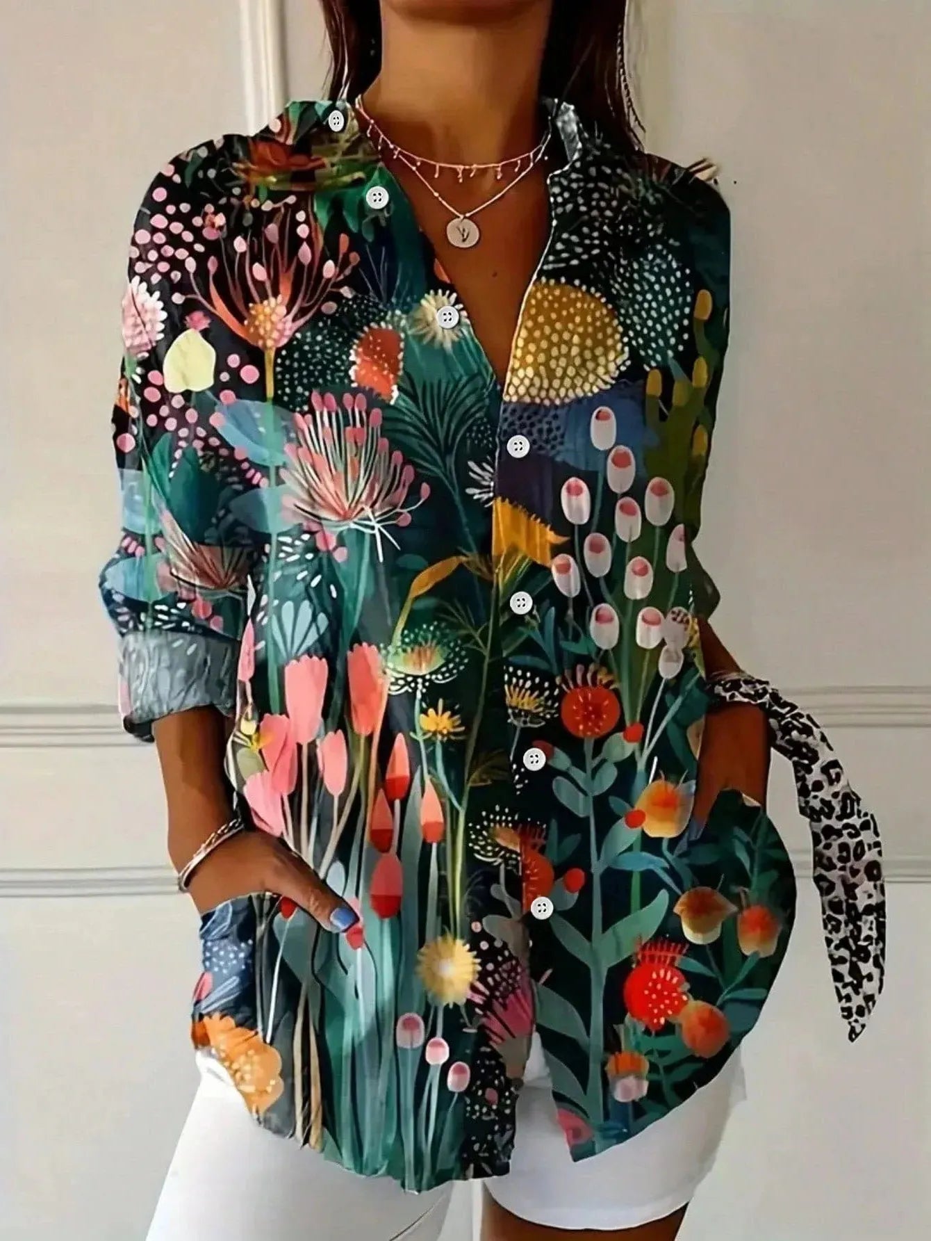 Multicolor Print Button-Front Blouse for Women with Collar and Rolled Sleeves - Casual Fashion Top