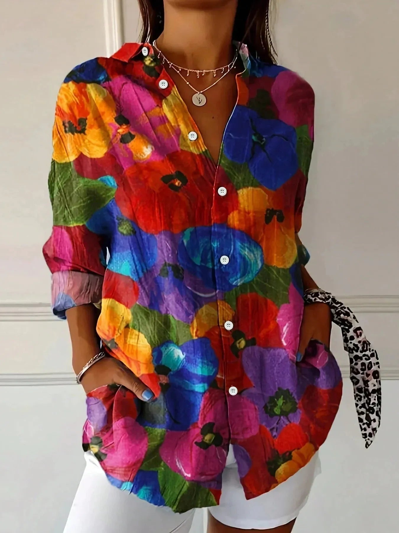 Multicolor Print Button-Front Blouse for Women with Collar and Rolled Sleeves - Casual Fashion Top