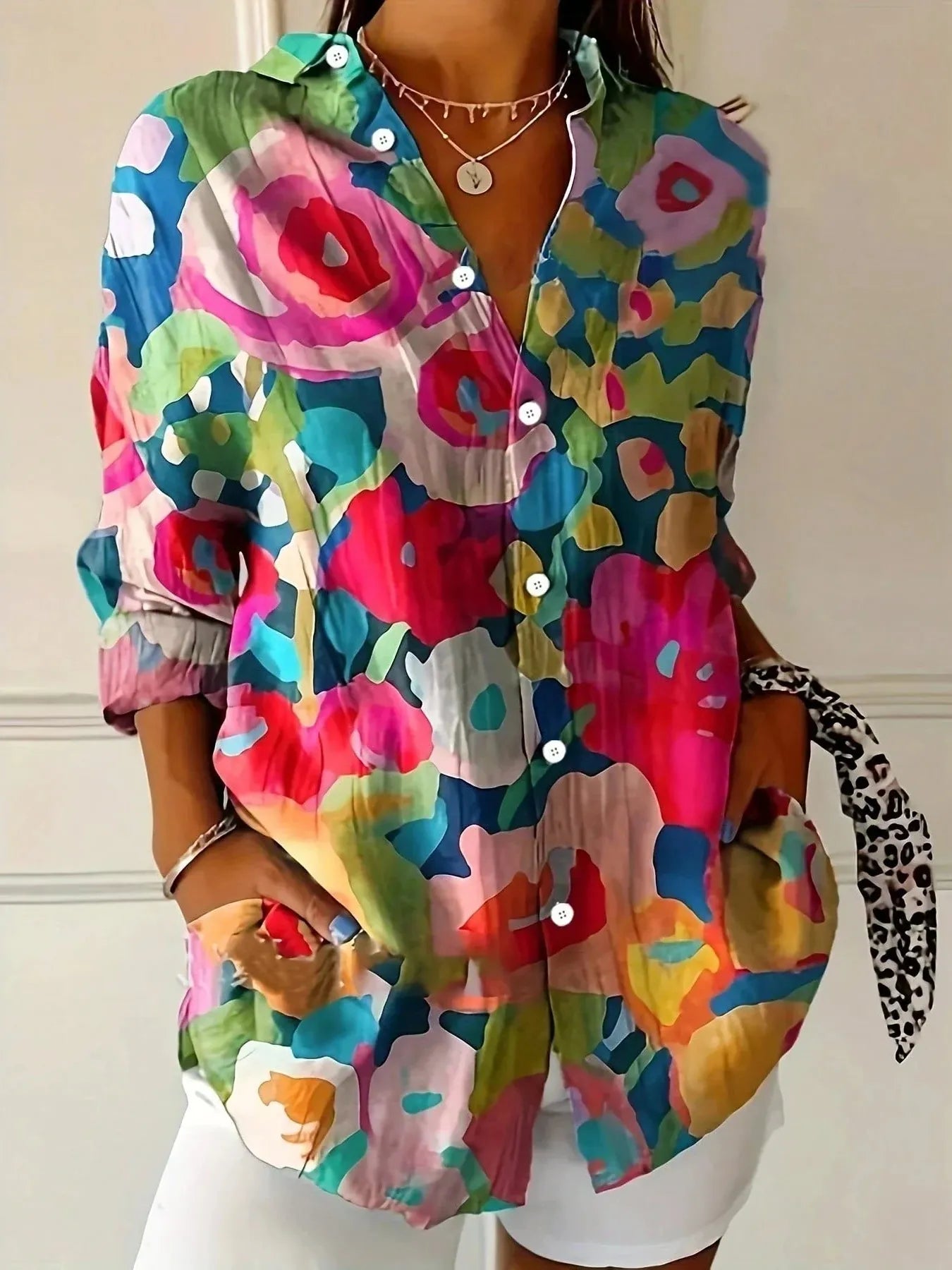 Multicolor Print Button-Front Blouse for Women with Collar and Rolled Sleeves - Casual Fashion Top