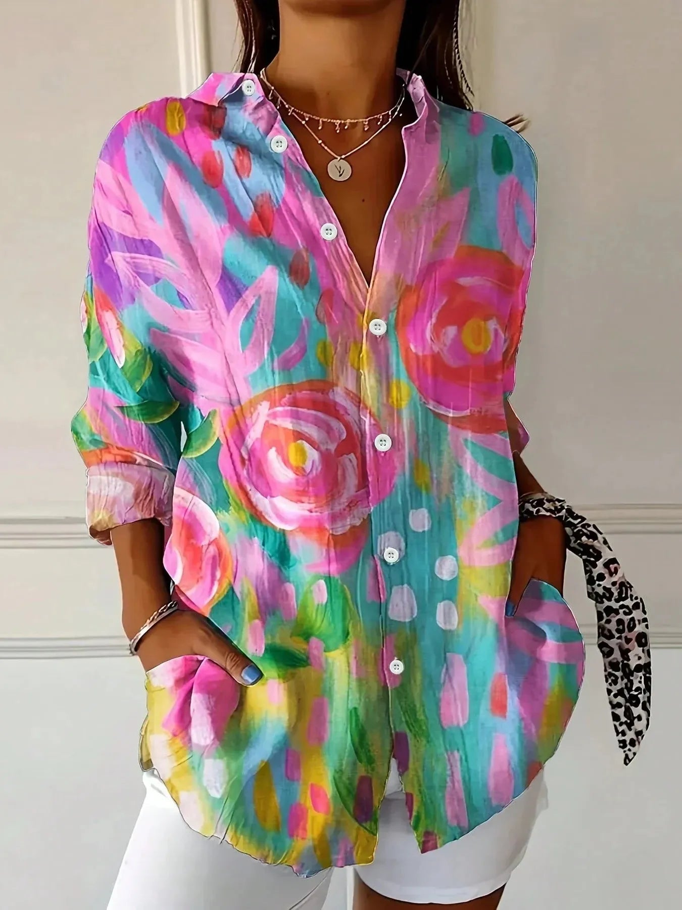 Multicolor Print Button-Front Blouse for Women with Collar and Rolled Sleeves - Casual Fashion Top