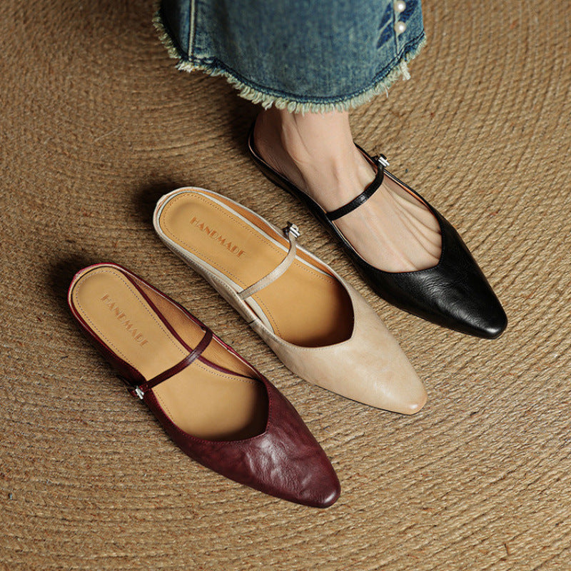 Pointed-Toe Flat Mules for Women with Single Strap and Buckle Closure - Stylish Casual Footwear for Everyday Wear