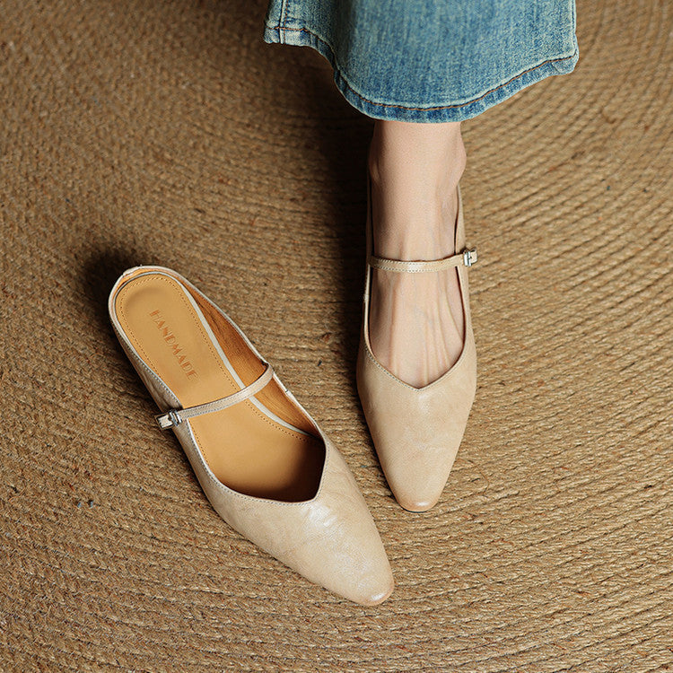 Pointed-Toe Flat Mules for Women with Single Strap and Buckle Closure - Stylish Casual Footwear for Everyday Wear
