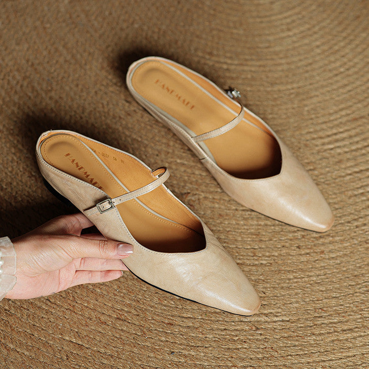 Pointed-Toe Flat Mules for Women with Single Strap and Buckle Closure - Stylish Casual Footwear for Everyday Wear