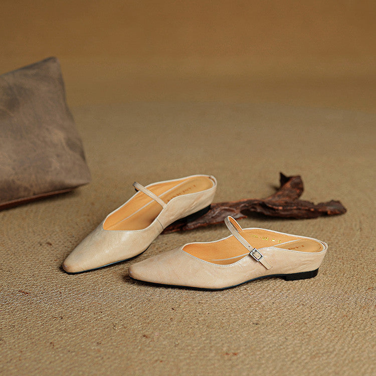 Pointed-Toe Flat Mules for Women with Single Strap and Buckle Closure - Stylish Casual Footwear for Everyday Wear