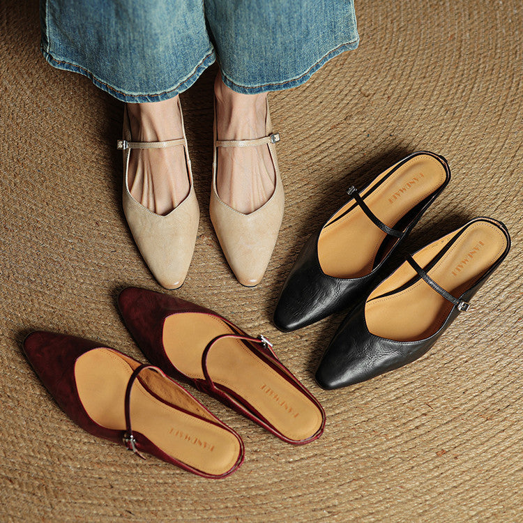 Pointed-Toe Flat Mules for Women with Single Strap and Buckle Closure - Stylish Casual Footwear for Everyday Wear