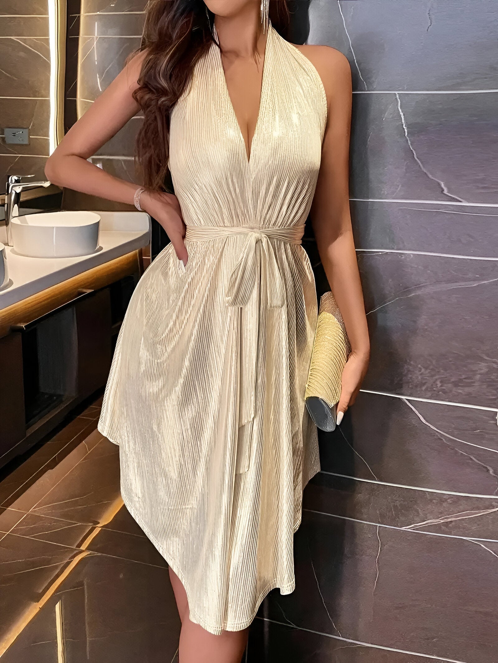 Sleeveless Halter V-Neck Mini Dress for Women - Casual Summer Fashion in Lightweight Fabric