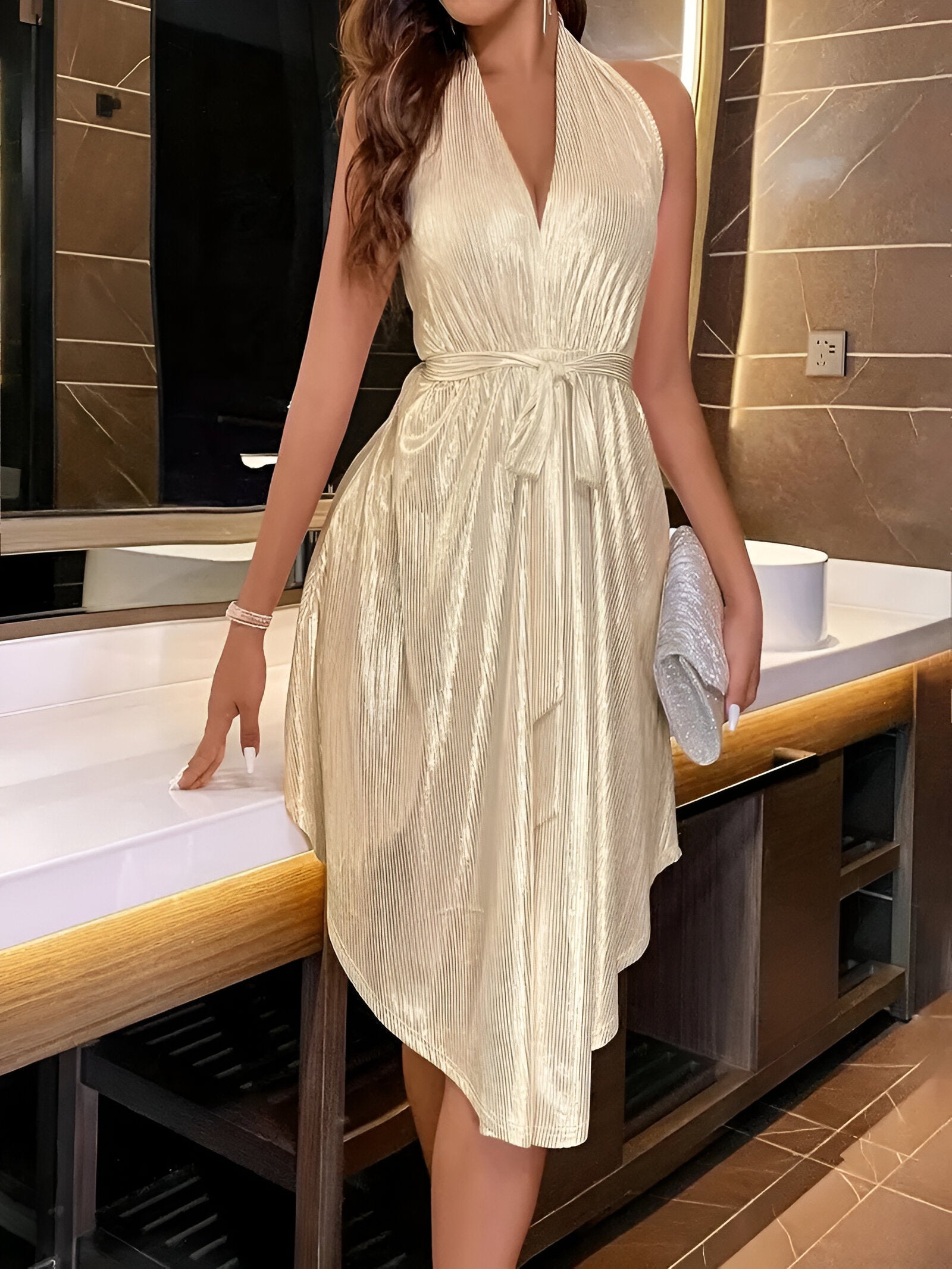 Sleeveless Halter V-Neck Mini Dress for Women - Casual Summer Fashion in Lightweight Fabric