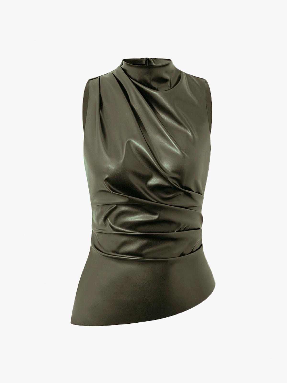 Sleeveless High-Neck Draped Top for Women with Gathered Waistband - Casual Chic Blouse for Everyday Wear