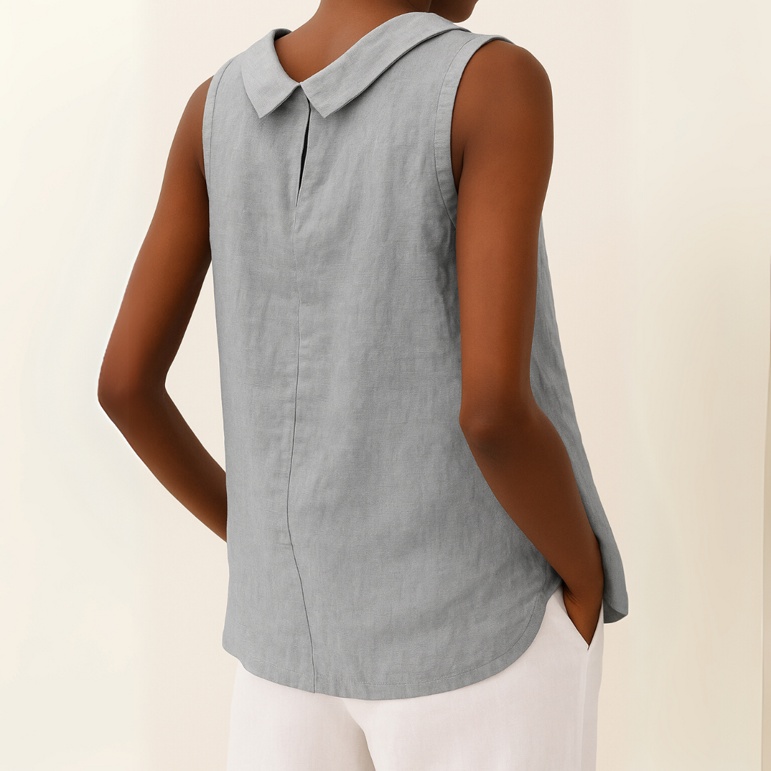 Sleeveless Women's Blouse with Rolled Collar and Curved Hemline for Casual Wear in Lightweight Fabric
