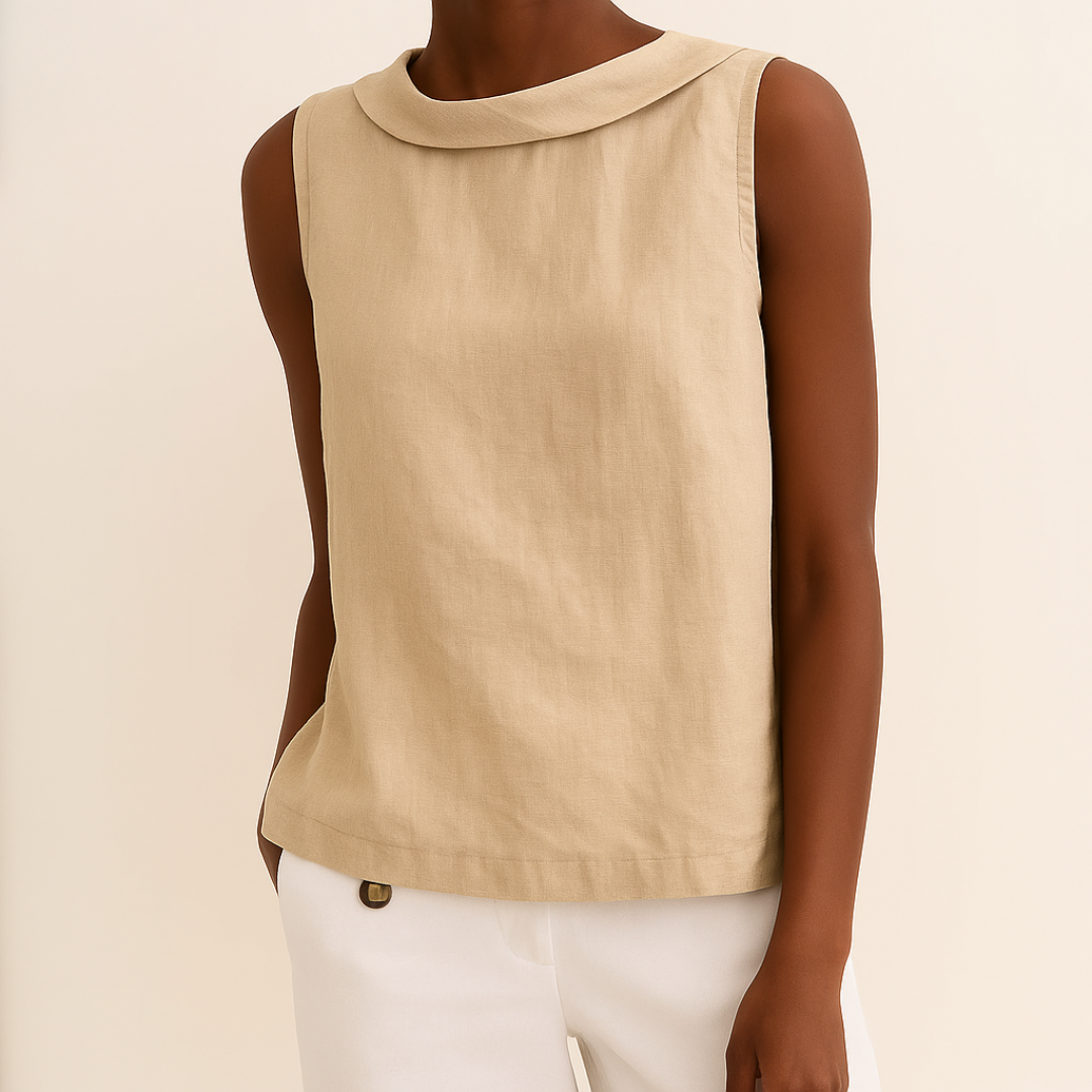 Sleeveless Women's Blouse with Rolled Collar and Curved Hemline for Casual Wear in Lightweight Fabric