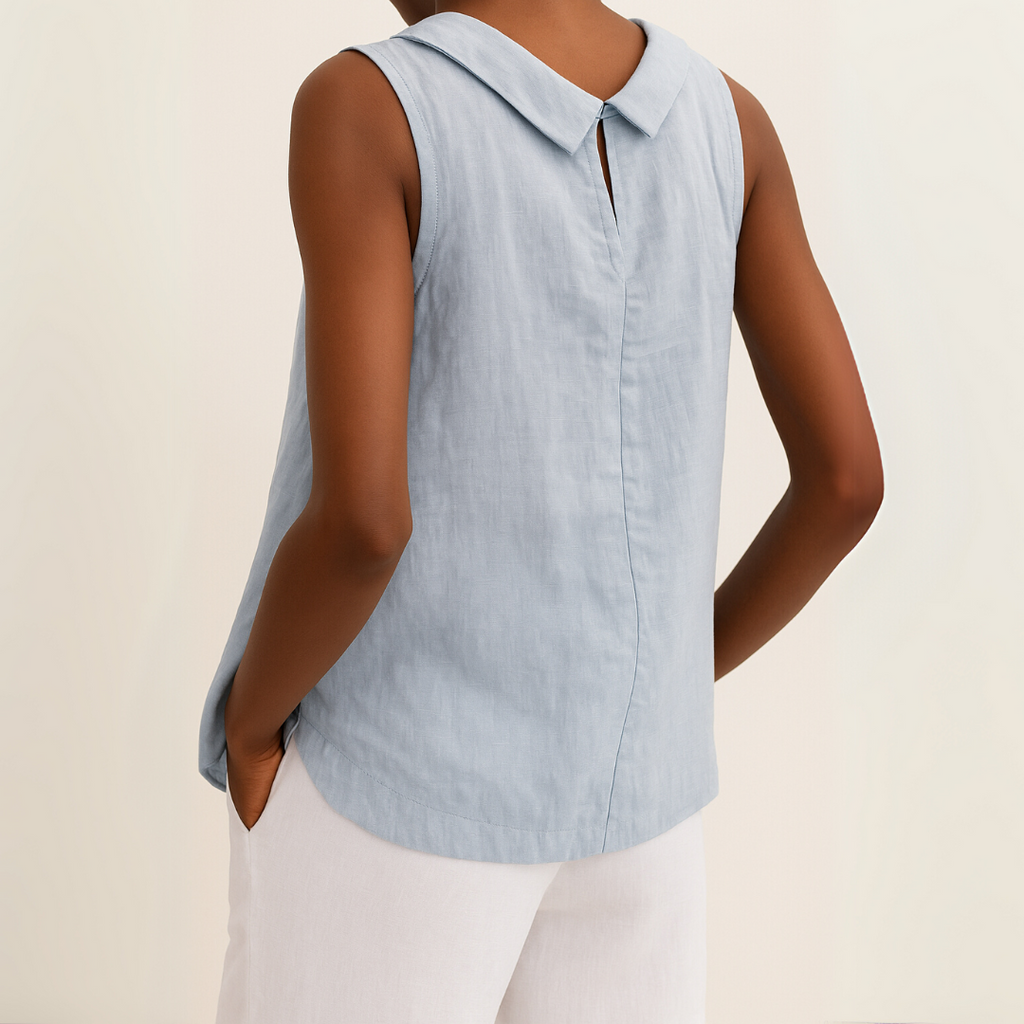 Sleeveless Women's Blouse with Rolled Collar and Curved Hemline for Casual Wear in Lightweight Fabric