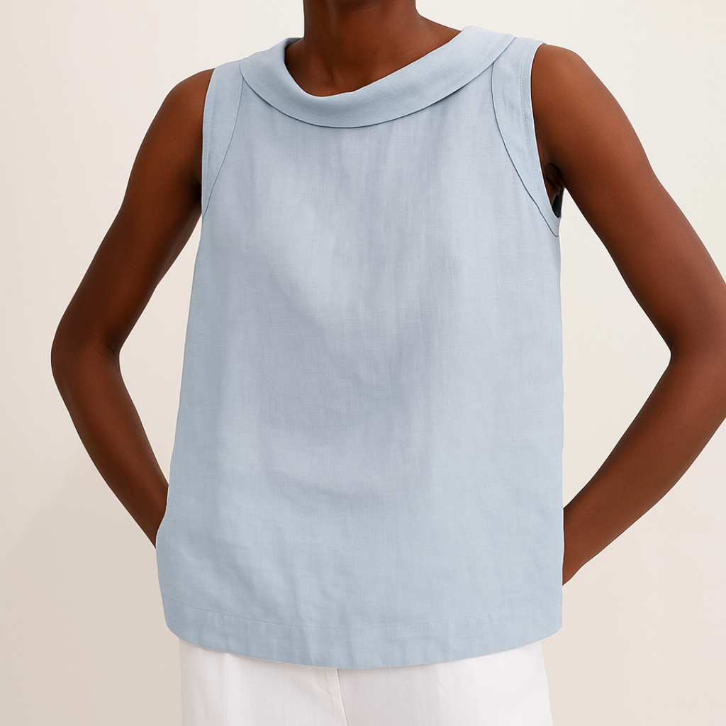 Sleeveless Women's Blouse with Rolled Collar and Curved Hemline for Casual Wear in Lightweight Fabric
