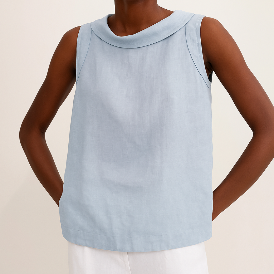 Sleeveless Women's Blouse with Rolled Collar and Curved Hemline for Casual Wear in Lightweight Fabric