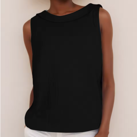 Sleeveless Women's Blouse with Rolled Collar and Curved Hemline for Casual Wear in Lightweight Fabric