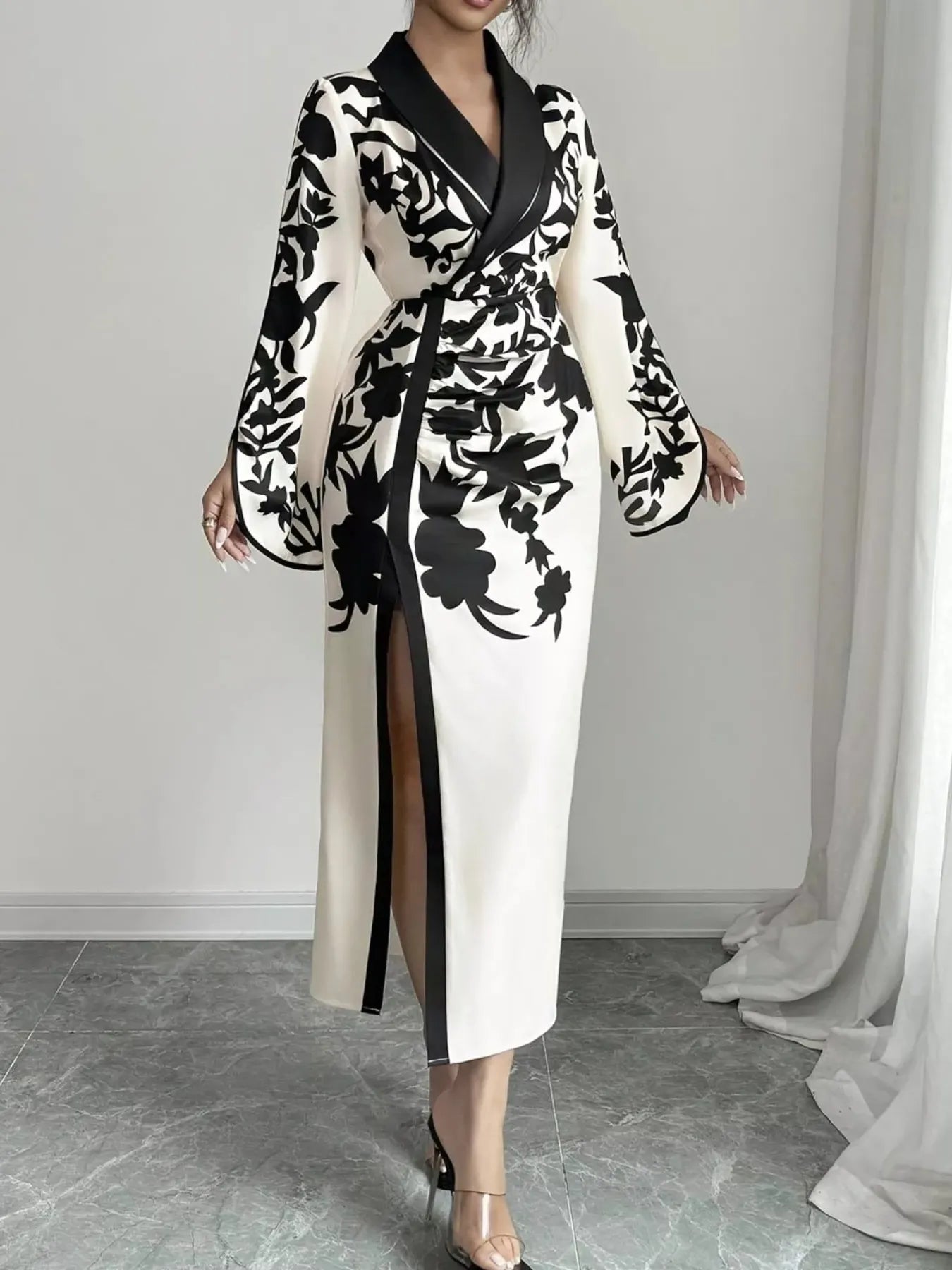 Slit Long Sleeve Wrap Midi Dress