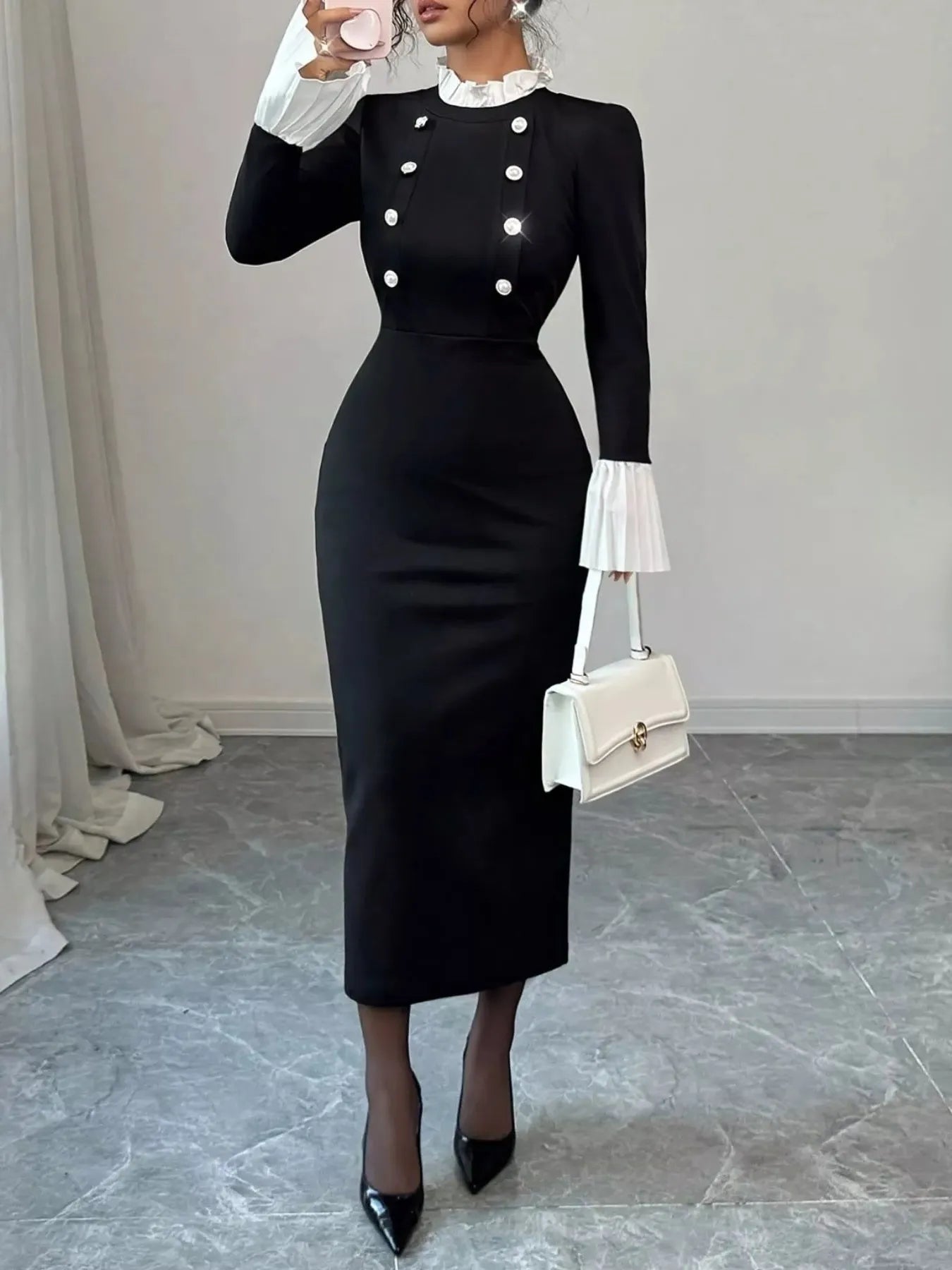 Two Tone Long Sleeve Midi Dress