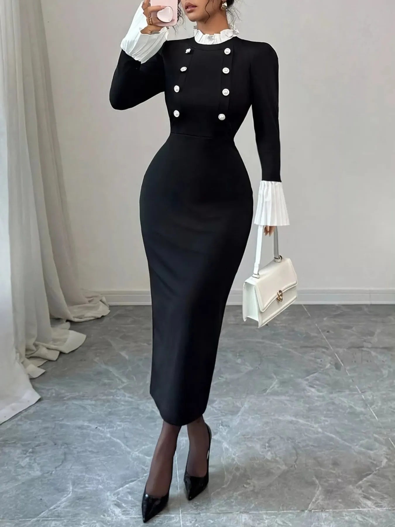 Two Tone Long Sleeve Midi Dress