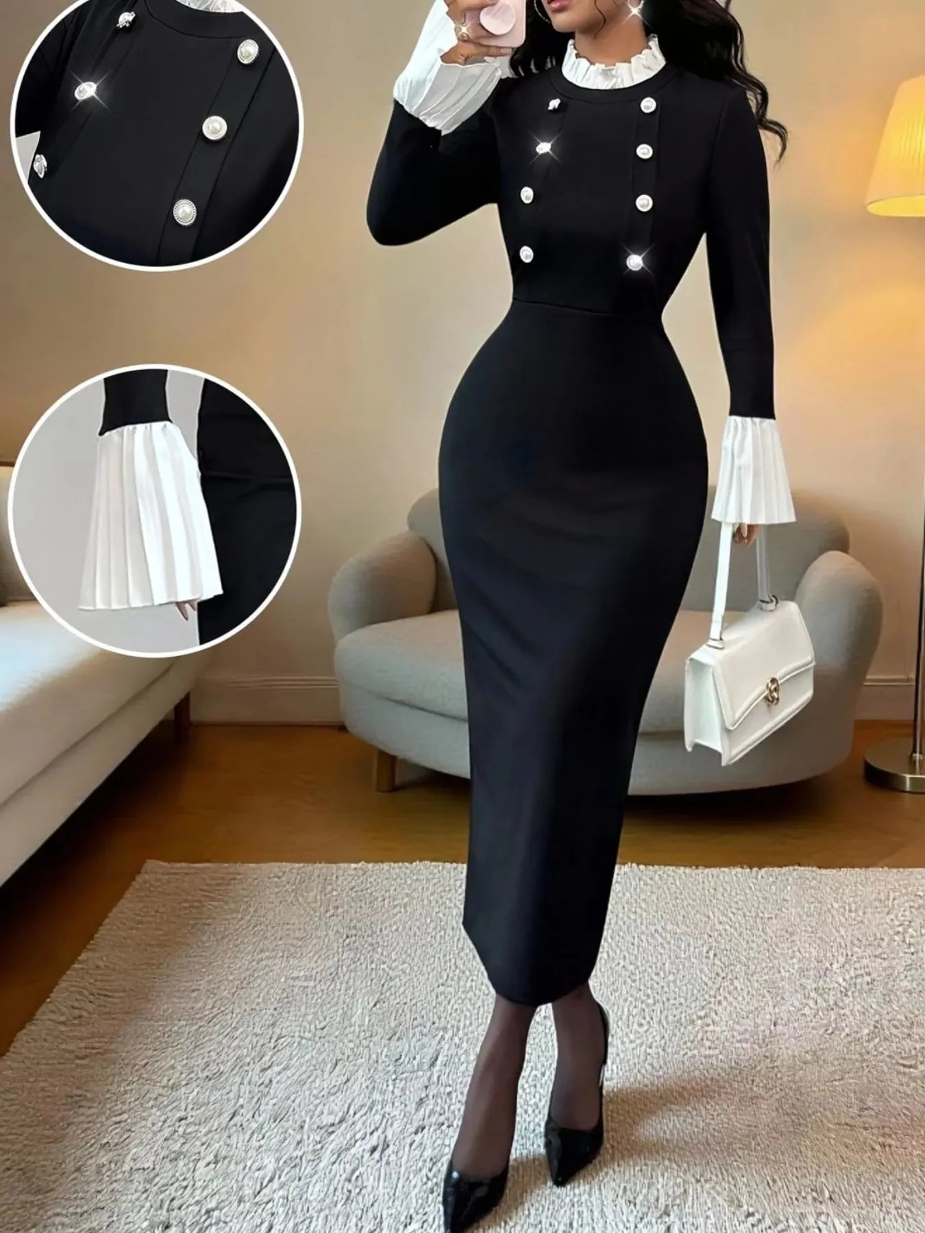 Two Tone Long Sleeve Midi Dress